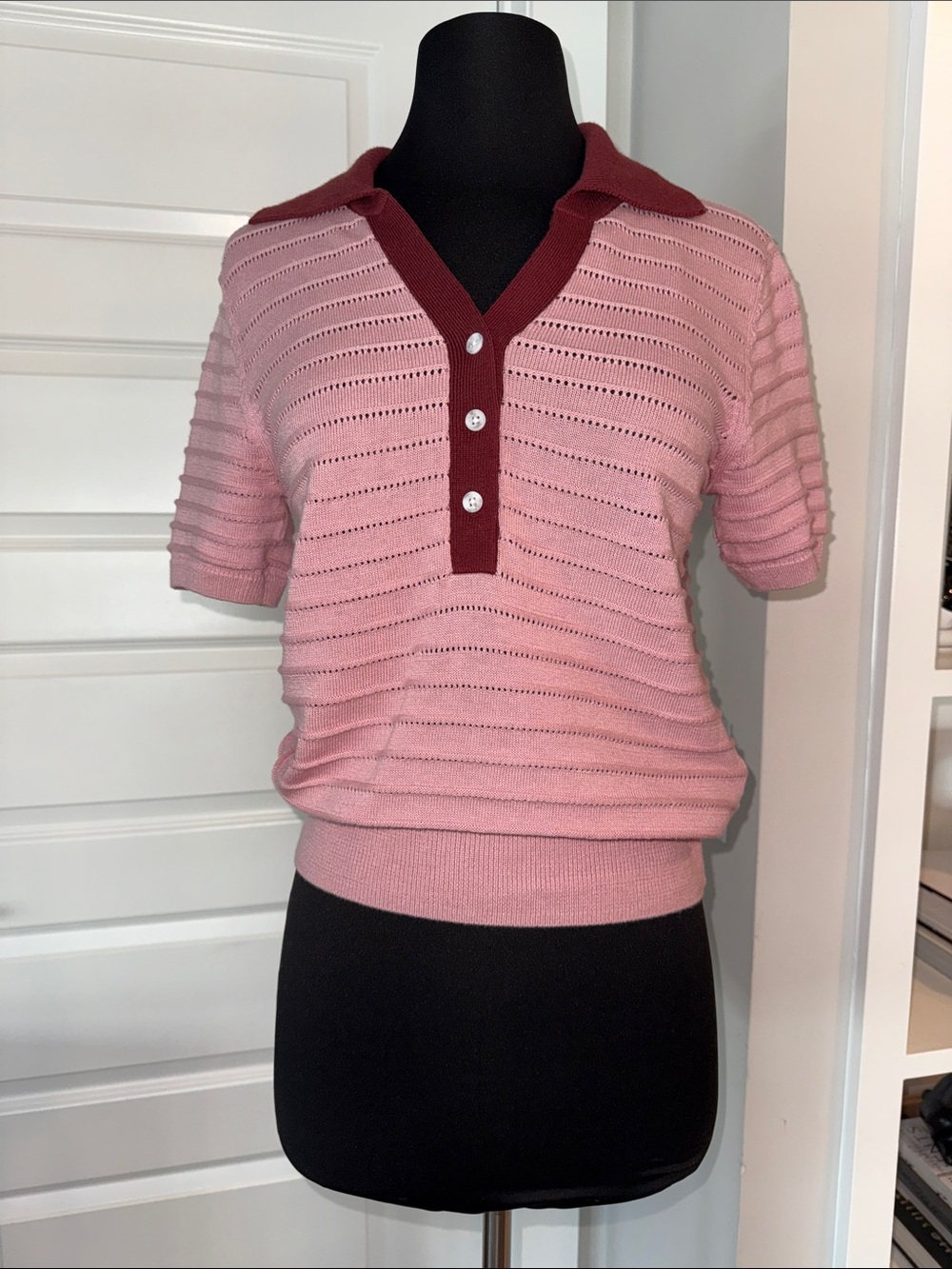 Varley Pink Short-Sleeve Knit Polo Sweater with Contrast Collar